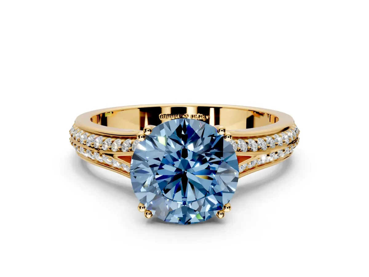 Solitaire Engagement Ring Setting for Fancy Blue Round Cut Center with Pave Rail Split Shank and Prong Head in Yellow Gold