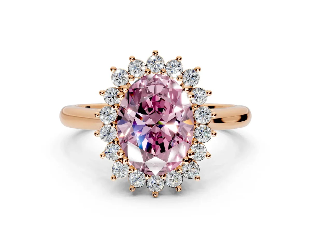 Starburst Halo Engagement Ring Setting for Fancy Pink Oval Center with Thin Round-Wire Band and Prong Head in Rose Gold