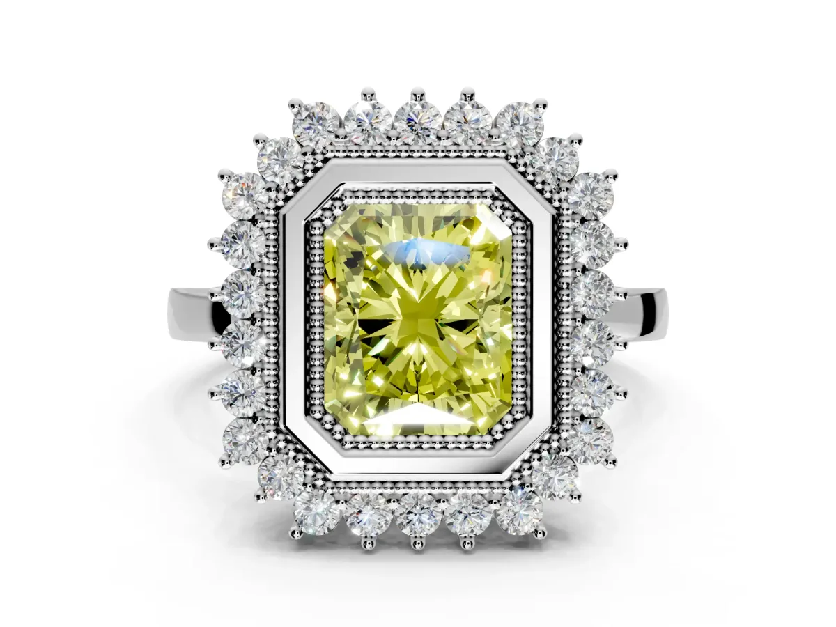 Halo Engagement Ring Setting for Fancy Yellow Radiant Cut Center with Milgrain Bezel Rim, Plain Band and Prong Head in Platinum