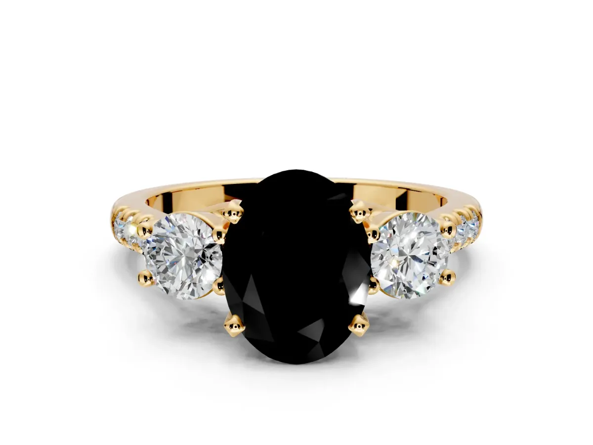 3 Stone Engagement Ring Setting for Fancy Black Oval Center with Crossover Basket, Pave Band and Prong Head in Yellow Gold