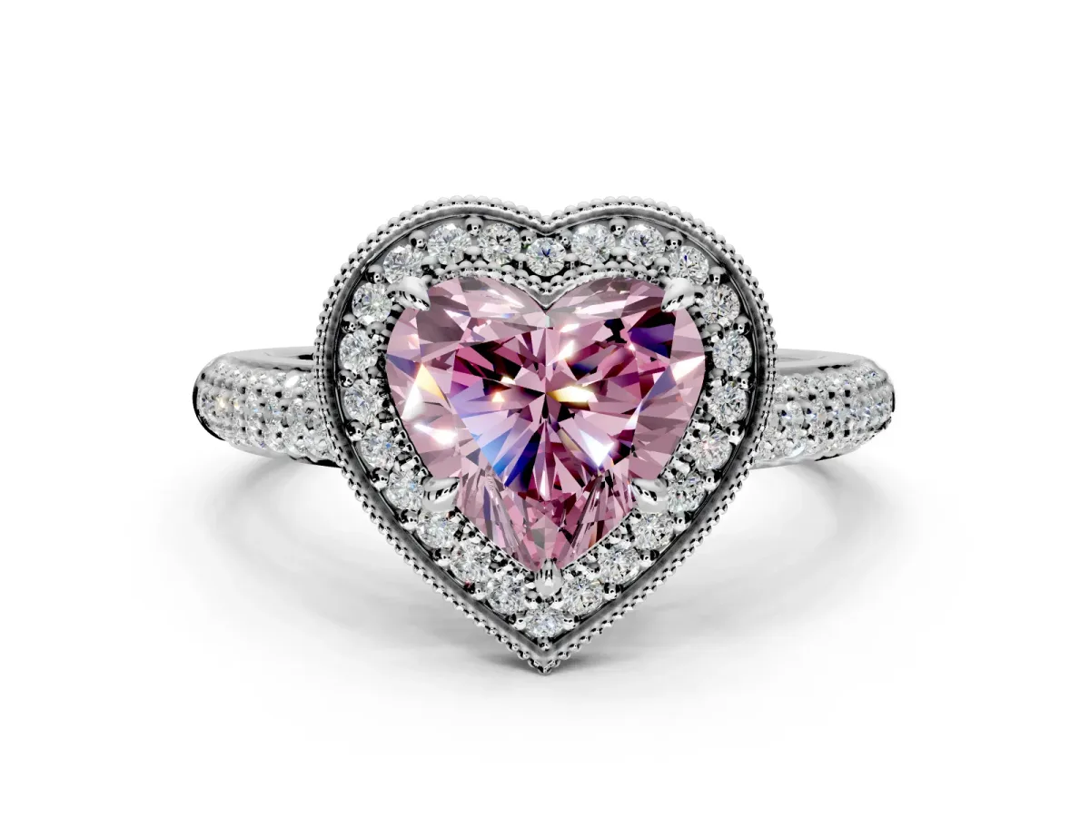Milgrain Halo Engagement Ring Setting for Fancy Pink Heart-Shaped Center with Three-Sided Pave Band and Prong Head in White Gold