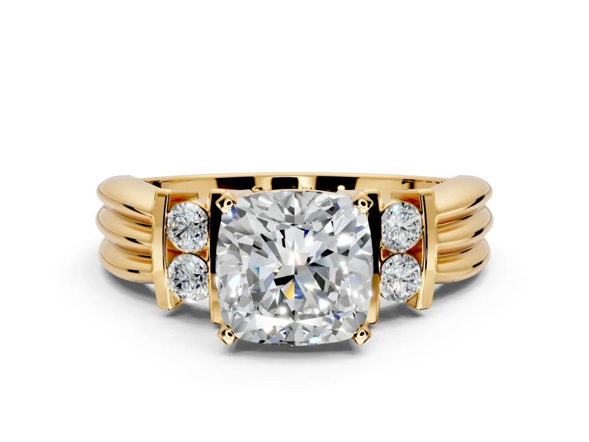 Solitaire Engagement Ring Setting for Cushion Cut Center with Grooved Bar Accent Band and Prong Head in Yellow Gold
