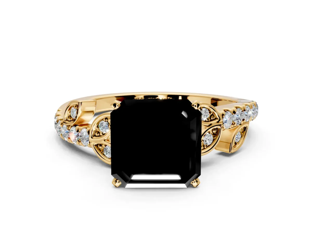 Leaf Motif Engagement Ring Setting for Fancy Black Asscher Cut Center with Pave Band and Prong Head in Yellow Gold