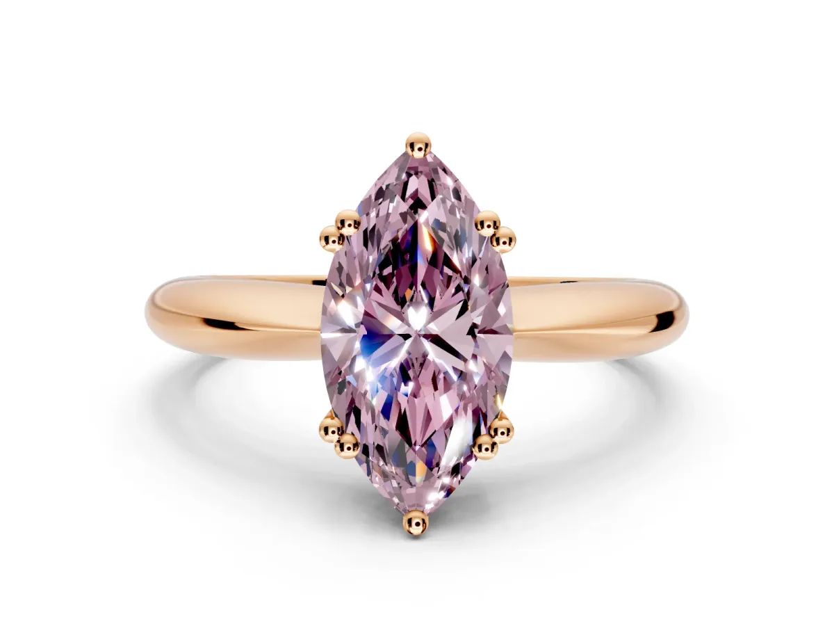 Solitaire Engagement Ring Setting for Fancy Pink Marquise Center with Reverse Tapered Band and Prong Head in Rose Gold