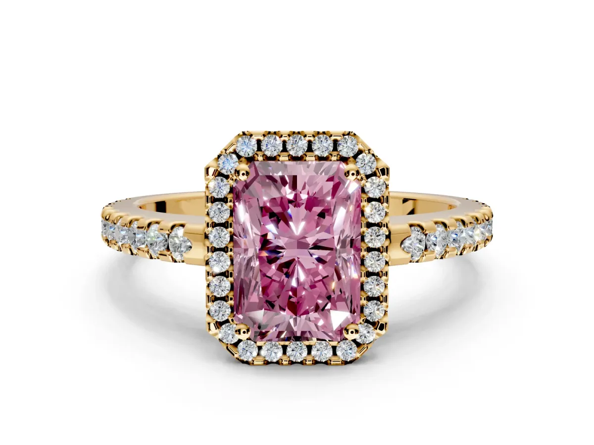 Accent Halo Engagement Ring Setting for Fancy Pink Radiant Cut Center with Full-Length Pave Band and Prong Head in Yellow Gold