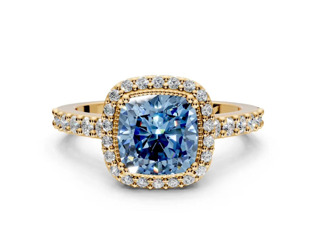 Halo Engagement Ring Setting for Fancy Blue Cushion Cut Center with Inner Milgrain Border and Prong Head in Yellow Gold