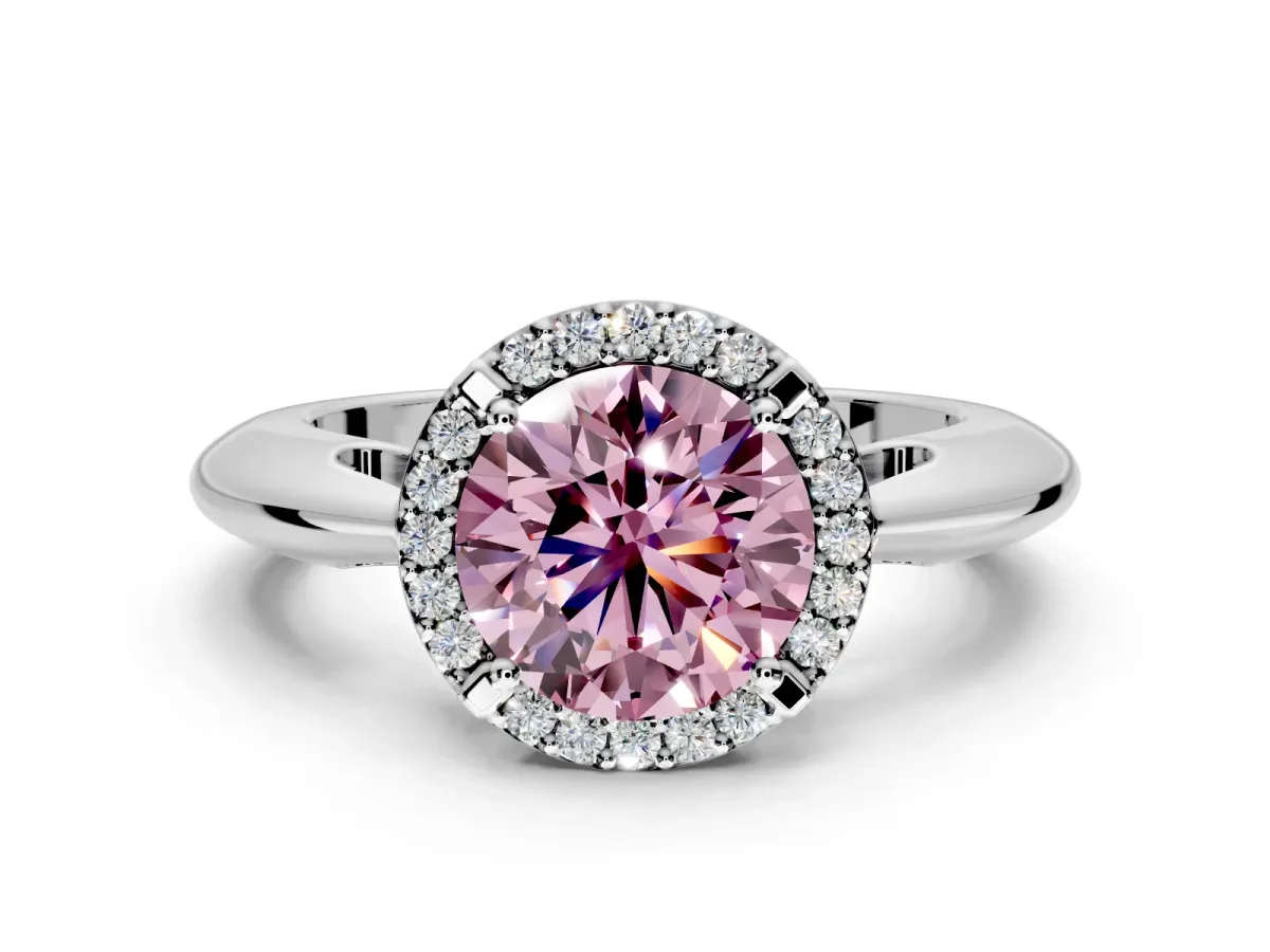 Halo Engagement Ring Setting for Fancy Pink Round Cut Center with Tapered Plain Band and Prong Head in Sterling Silver