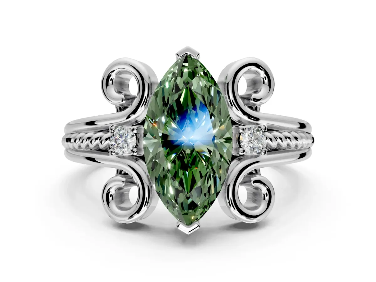 Solitaire Engagement Ring Setting for Fancy Green Marquise Center with Twisted Band and Scroll Prong Head in Platinum
