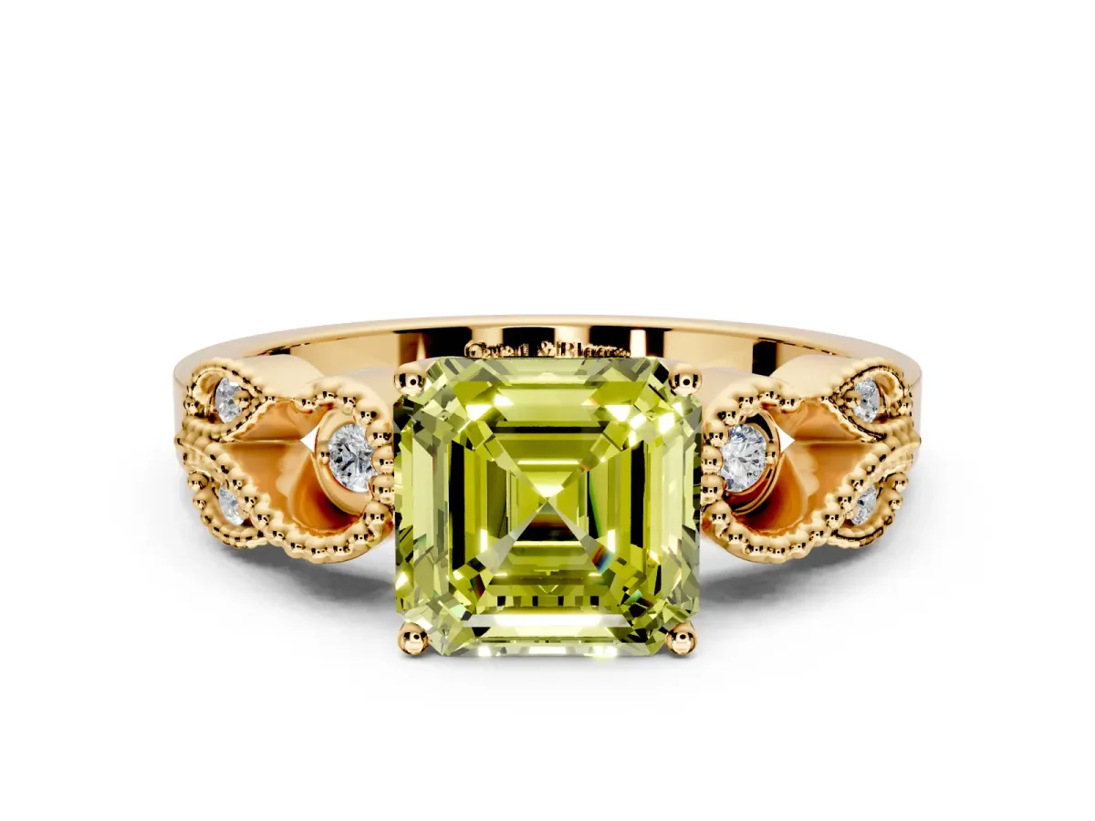 Leaf Engagement Ring Setting for Fancy Yellow Asscher Cut Center with Milgrain Accent Band and Prong Head in Yellow Gold