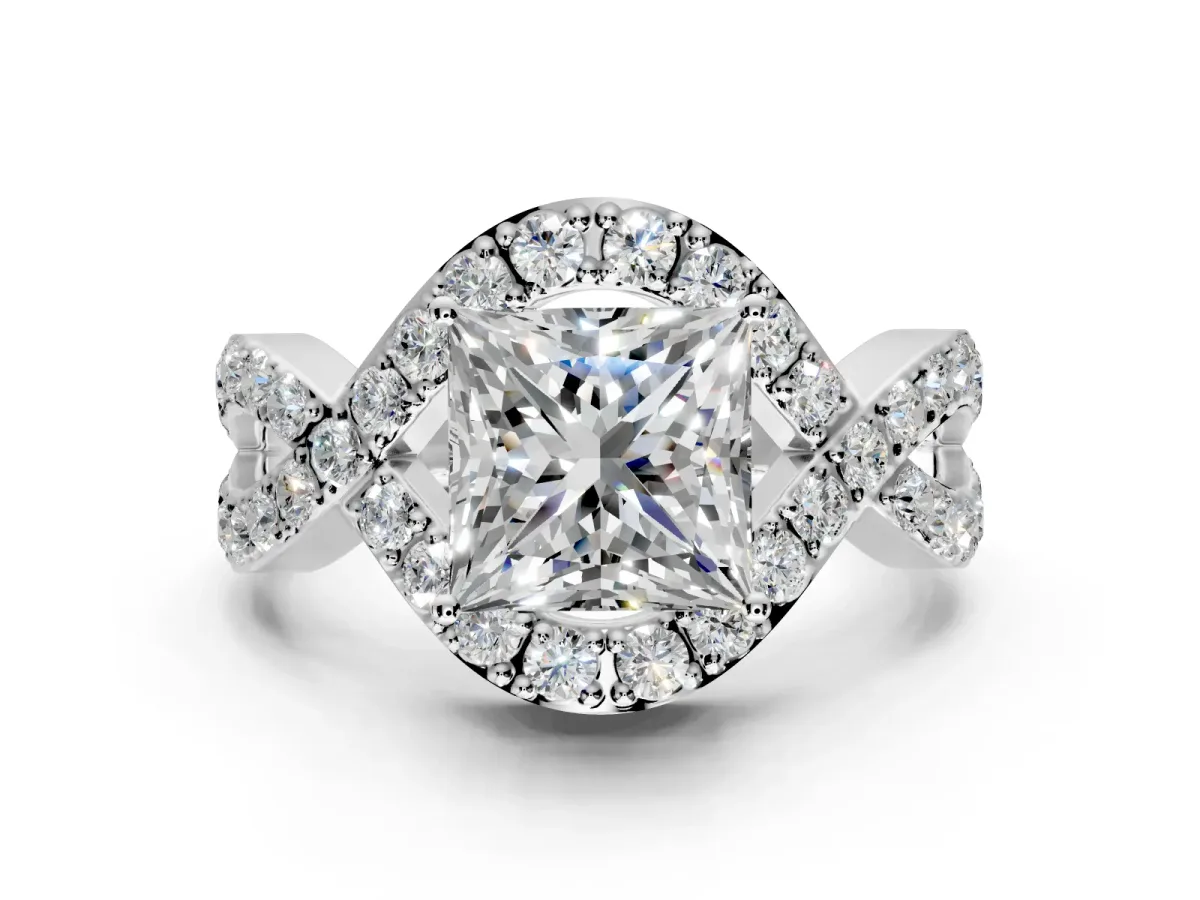 Halo Engagement Ring Setting for Princess Cut Center with Pave Infinity Twist Band and Prong Head in Sterling Silver