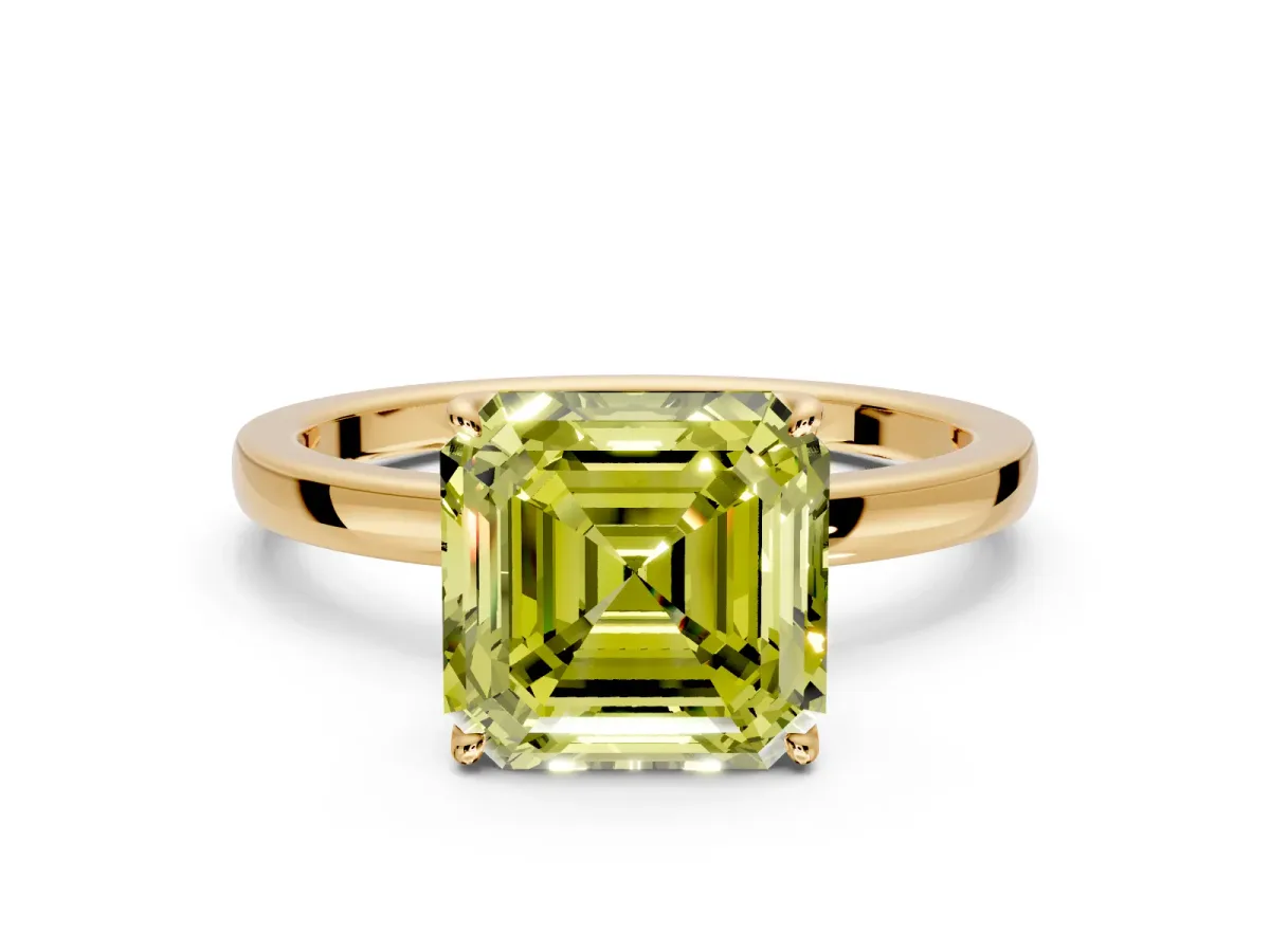 Solitaire Engagement Ring Setting for Fancy Yellow Asscher Cut Center with Thin Rounded Plain Band and Prong Head in Yellow Gold