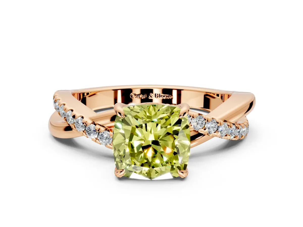 Crossover Engagement Ring Setting for Fancy Yellow Cushion Cut Center with Pave and Plain Strands and Prong Head in Rose Gold