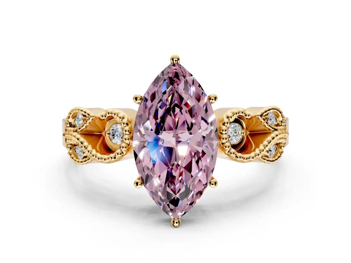 Leaf Engagement Ring Setting for Fancy Pink Marquise Center with Milgrain Accent Band and Prong Head in Yellow Gold