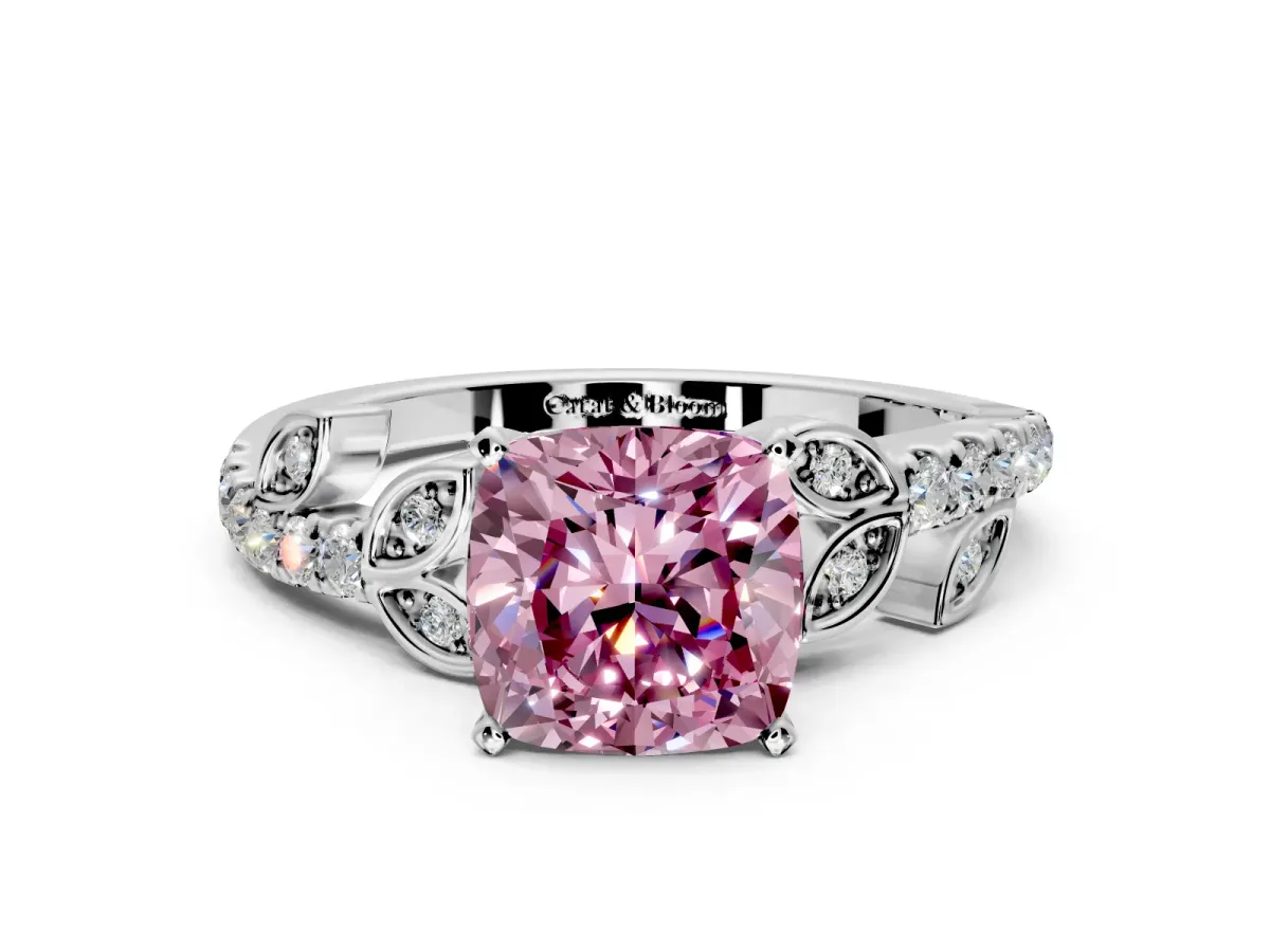 Leaf Motif Engagement Ring Setting for Fancy Pink Cushion Cut Center with Pave Band and Prong Head in Sterling Silver
