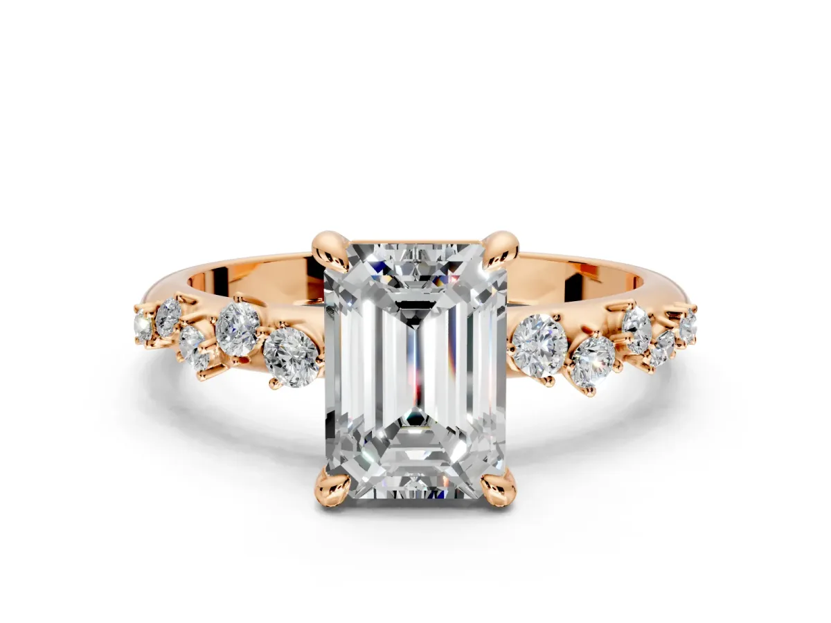 Solitaire Engagement Ring Setting for Emerald Cut Center with Trailing Leaf Accent Band and Prong Head in Rose Gold