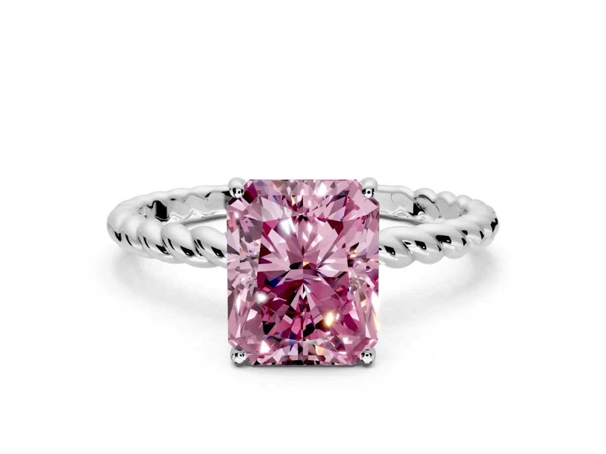 Solitaire Engagement Ring Setting for Fancy Pink Radiant Cut Center with Plain Twisted Rope Band and Prong Head in Platinum