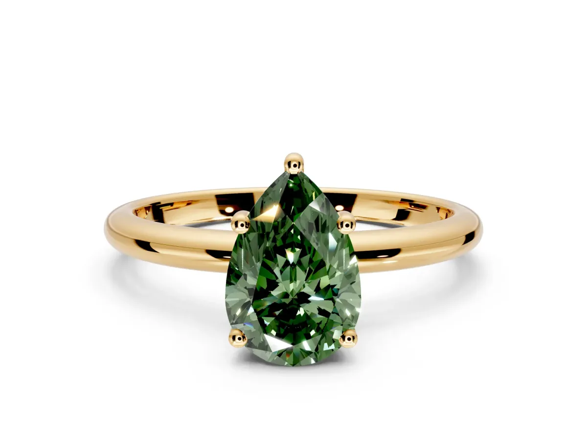 Hidden Halo Engagement Ring Setting for Fancy Green Pear-Shaped Center with Thin Round-Wire Band and Prong Head in Yellow Gold