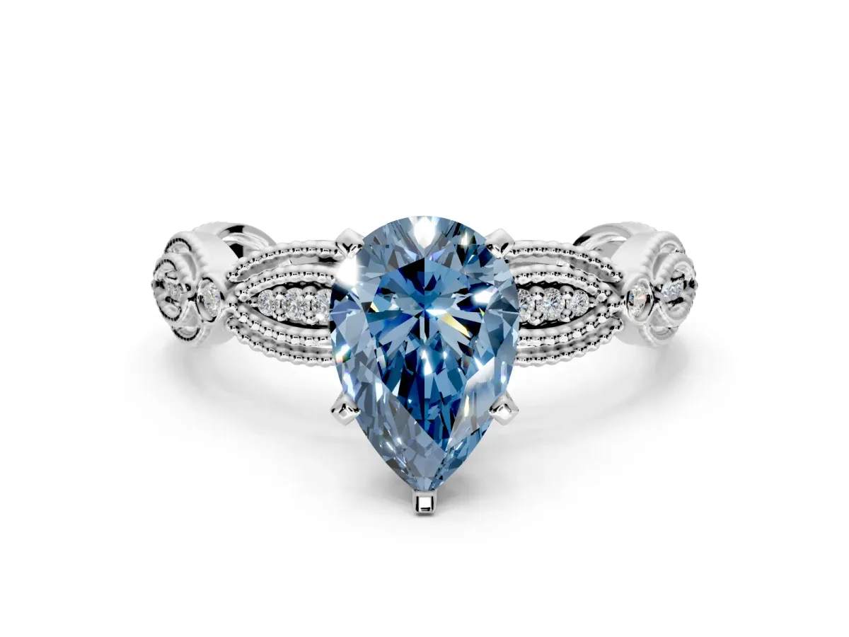 Solitaire Engagement Ring Setting for Fancy Blue Pear-Shaped Center with Marquise Panel Band and Prong Head in Platinum