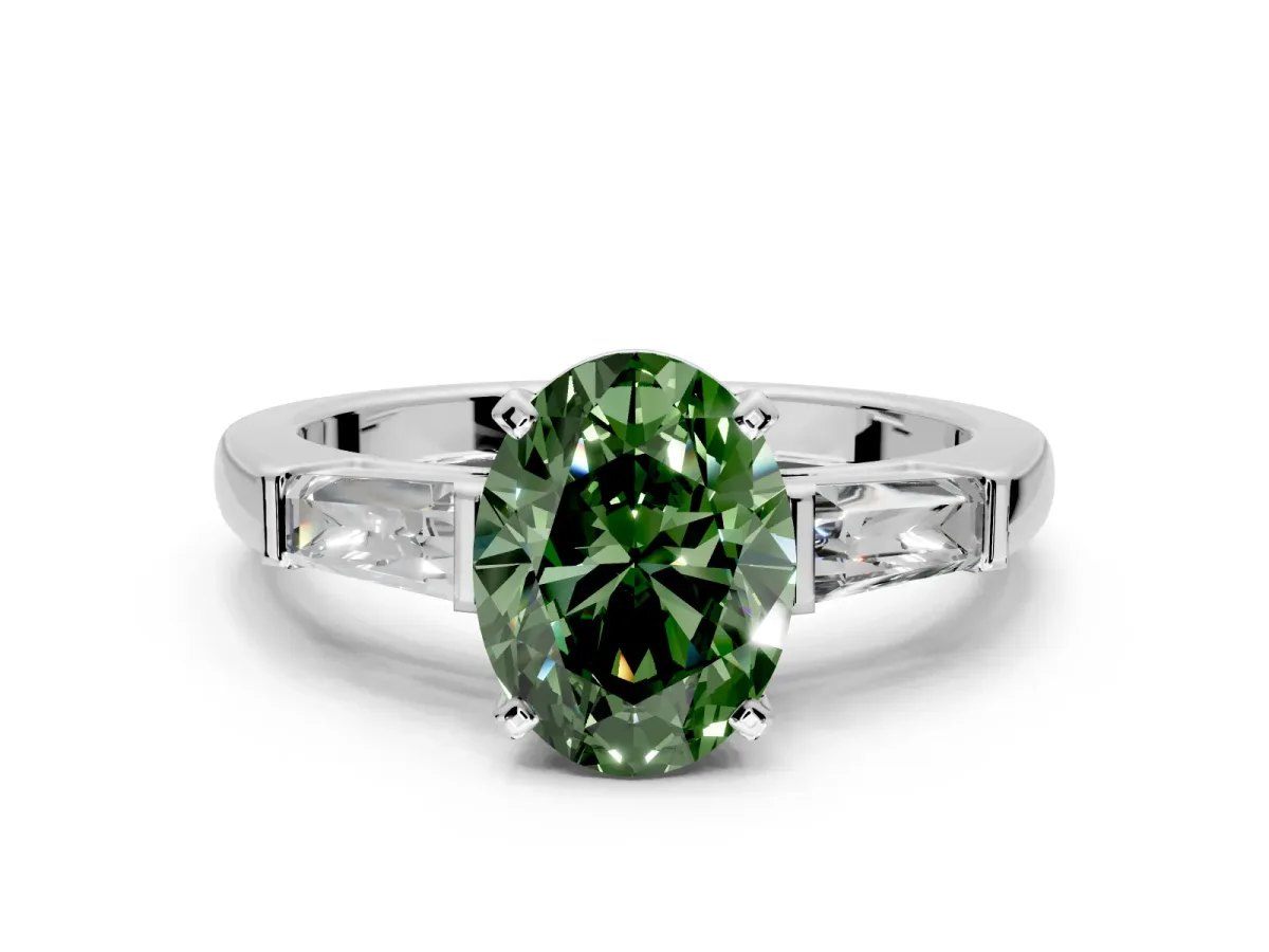 3 Stone Engagement Ring Setting for Fancy Green Oval Center with Tapered Baguettes, Plain Band and Prong Head in Platinum
