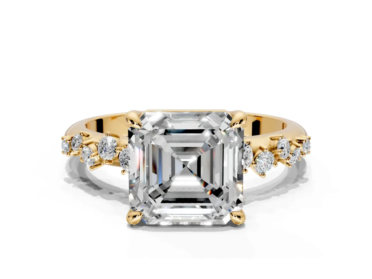 Solitaire Engagement Ring Setting for Asscher Cut Center with Trailing Leaf Accent Band and Prong Head in Yellow Gold