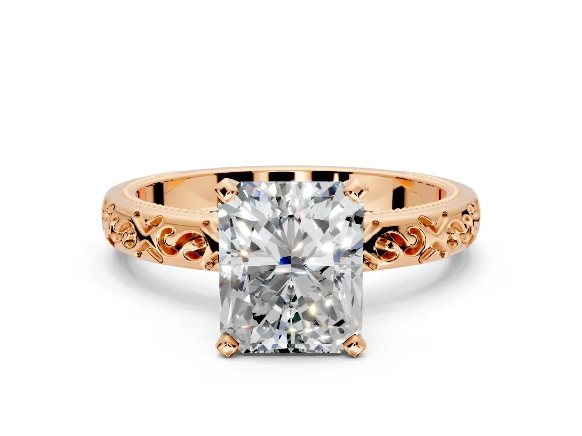 Solitaire Engagement Ring Setting for Radiant Cut Center with Scrollwork Band and Prong Head in Rose Gold