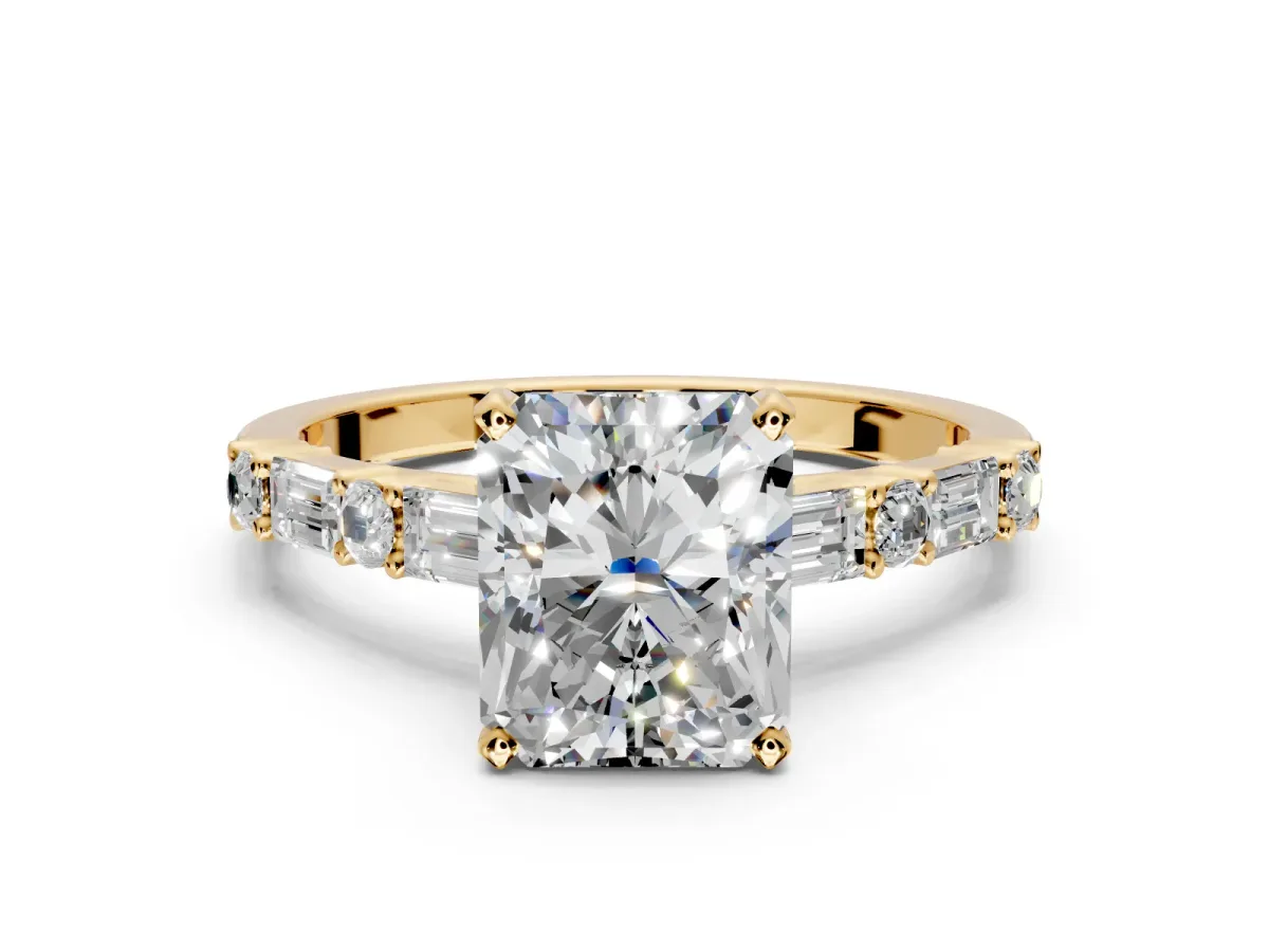 Baguette Engagement Ring Setting for Radiant Cut Center with Alternating Bar-Set Band and Prong Head in Yellow Gold