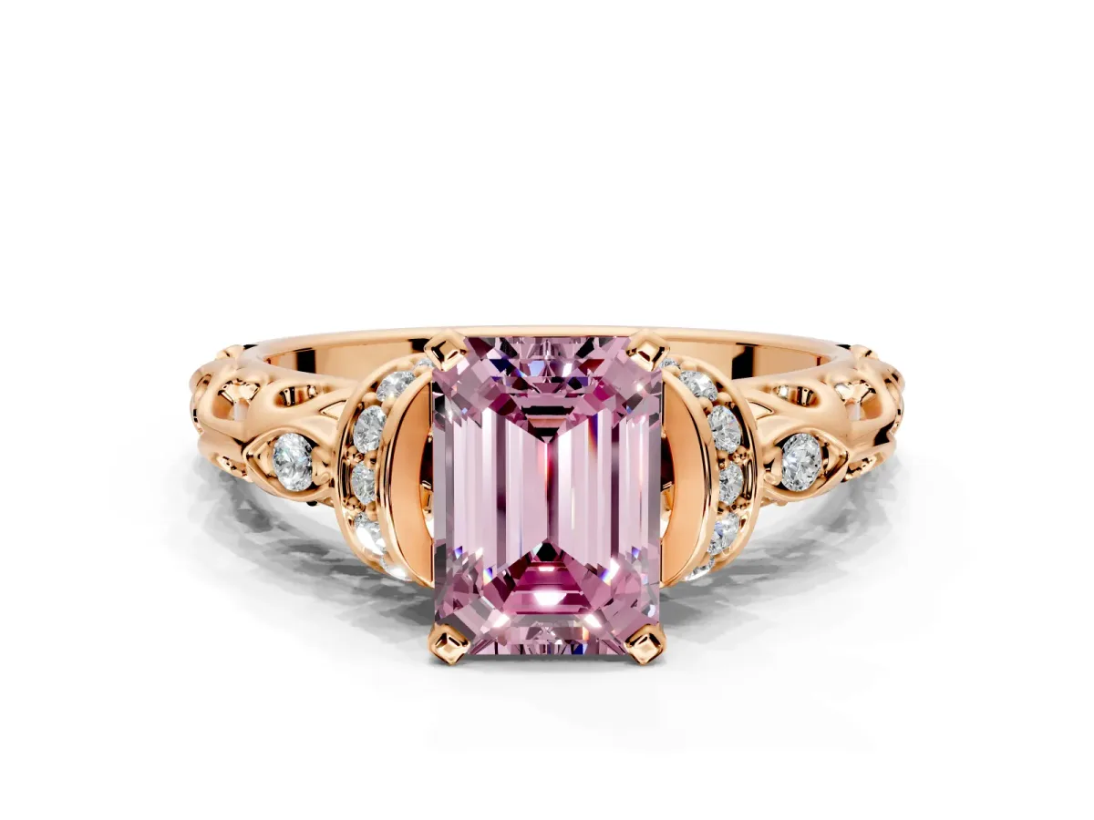 Solitaire Engagement Ring Setting for Fancy Pink Emerald Cut Center with Filigree Band and Prong Head in Rose Gold