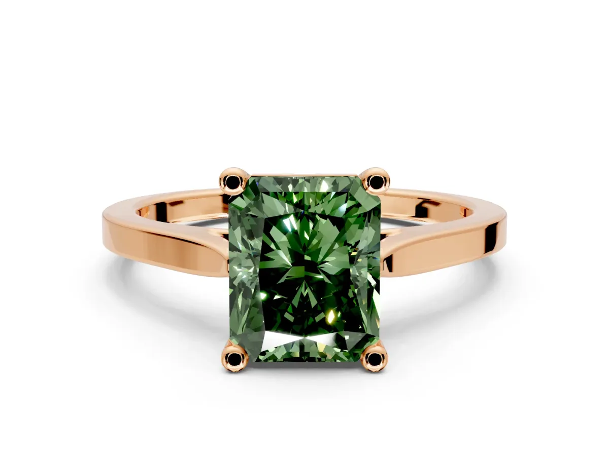 Solitaire Engagement Ring Setting for Fancy Green Radiant Cut Center with Tapered Shoulders and Prong Head in Rose Gold