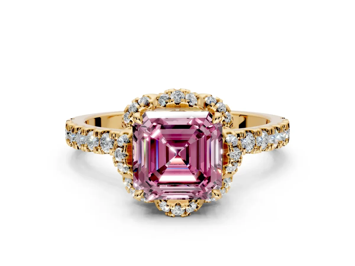 Halo Engagement Ring Setting for Fancy Pink Asscher Cut Center with Openwork Halo, Pave Band and Prong Head in Yellow Gold