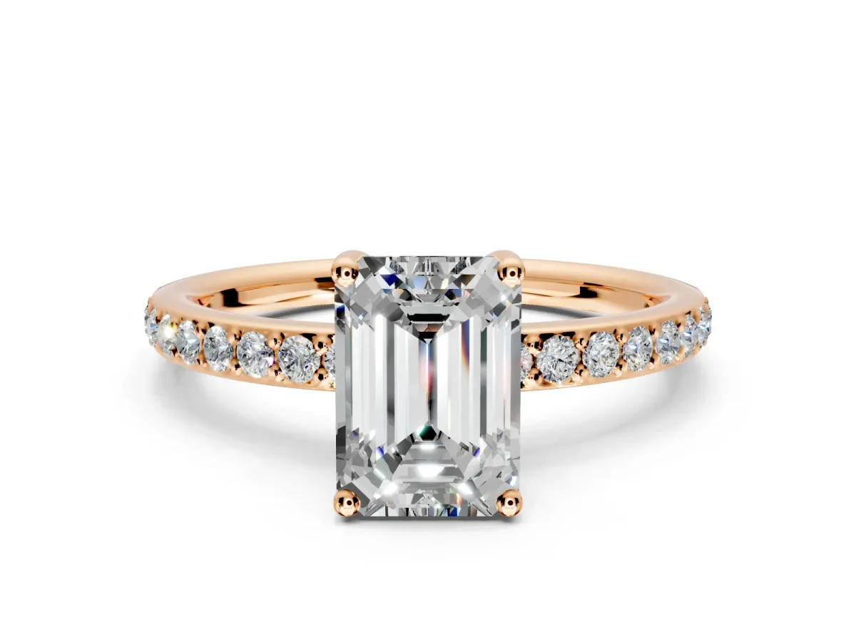 Solitaire Engagement Ring Setting for Emerald Cut Center with Fine Pave Band and Prong Head in Rose Gold