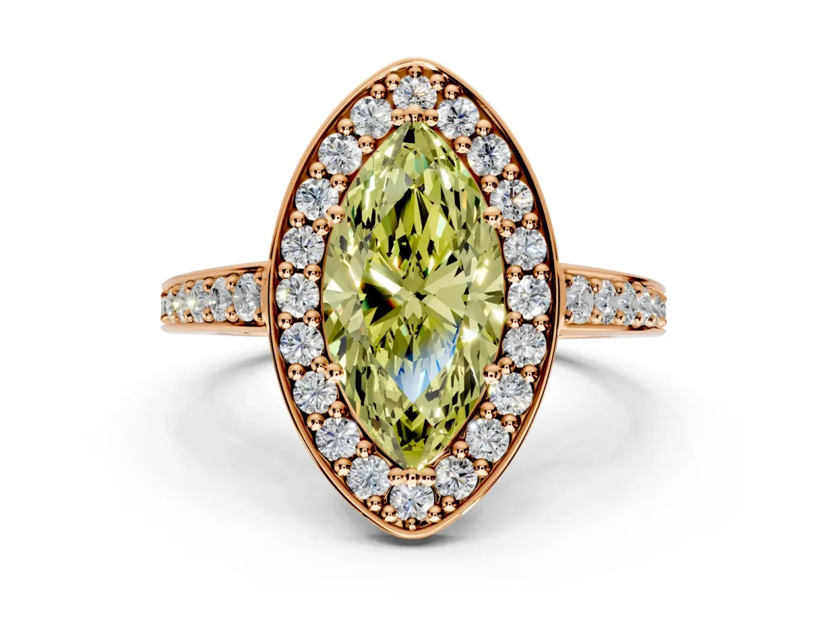 Bezel-Framed Halo Engagement Ring Setting for Fancy Yellow Marquise Center with Pave Band and Prong Head in Rose Gold