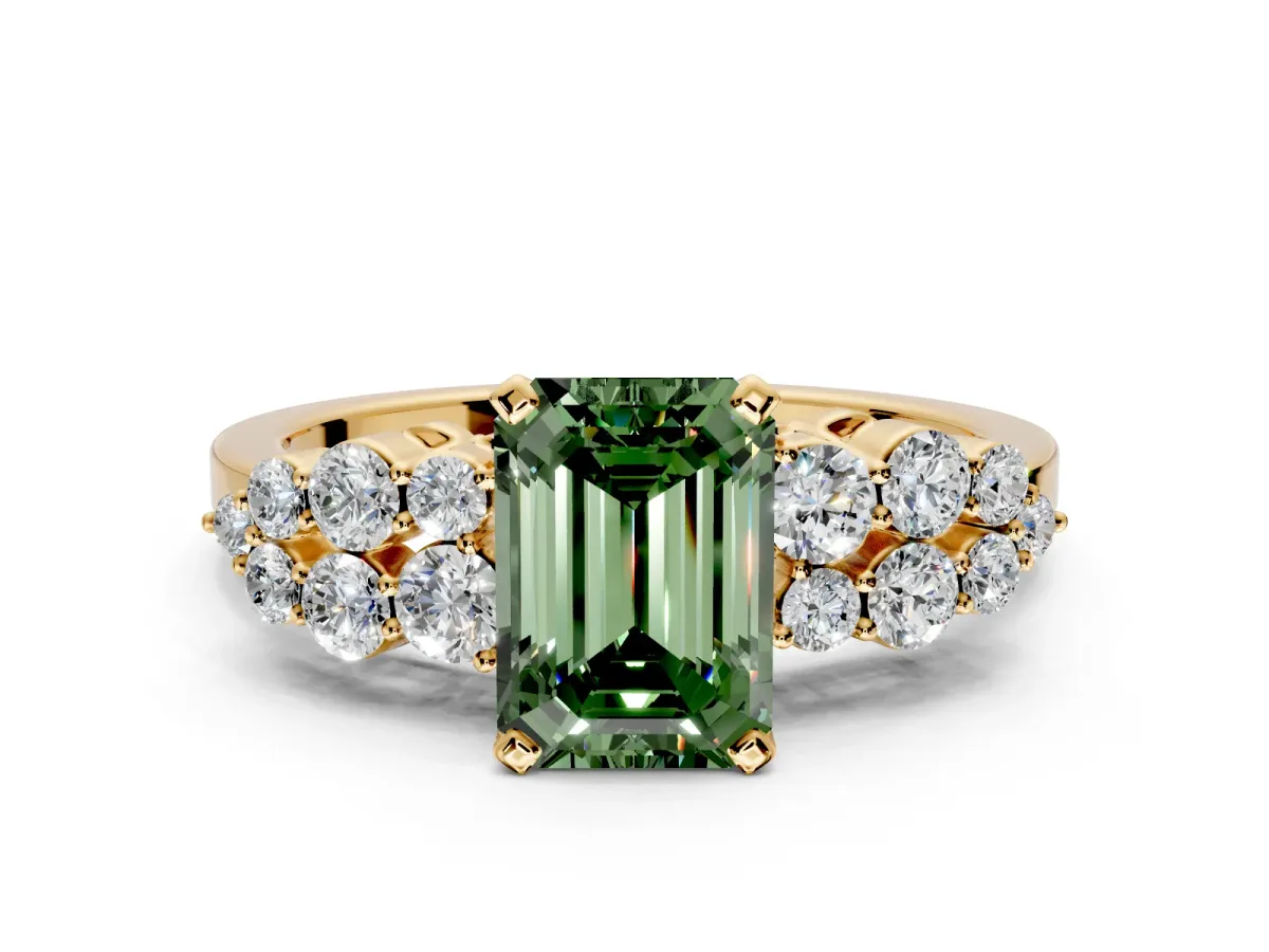 Cluster Engagement Ring Setting for Fancy Green Emerald Cut Center with 2-Row Shoulder Clusters and Prong Head in Yellow Gold