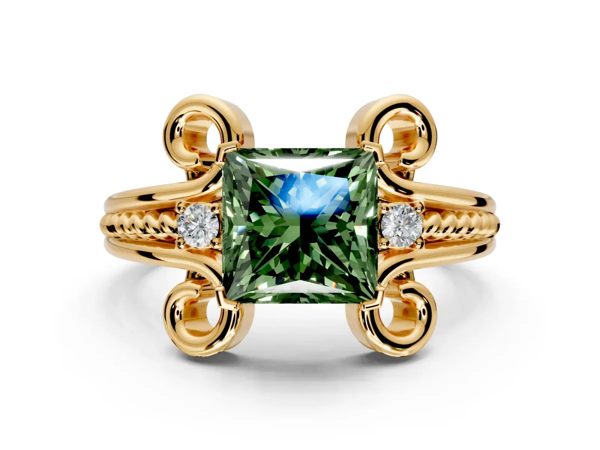 Solitaire Engagement Ring Setting for Fancy Green Princess Cut Center with Twisted Band and Scroll Prong Head in Yellow Gold