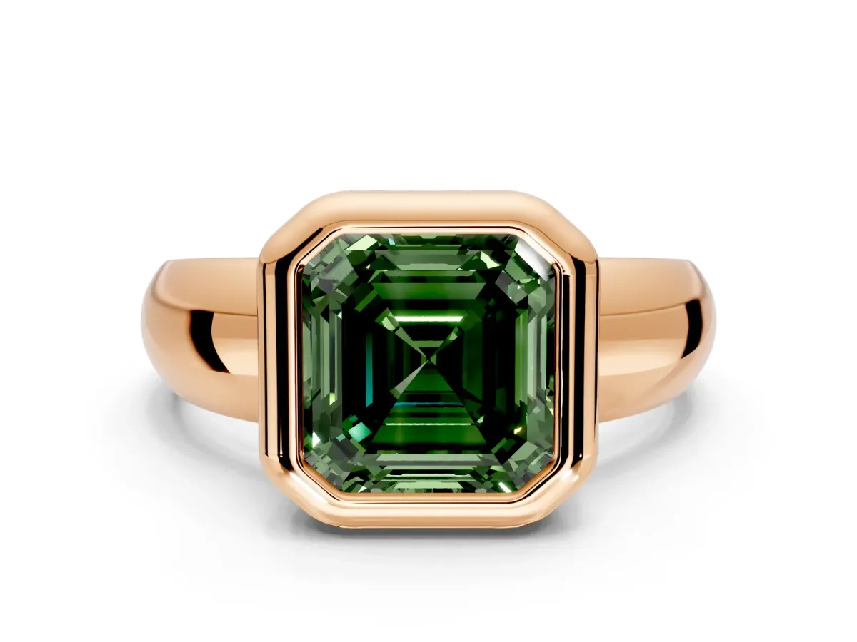 Solitaire Engagement Ring Setting for Fancy Green Asscher Cut Center with Wide Band and Bezel Head in Rose Gold