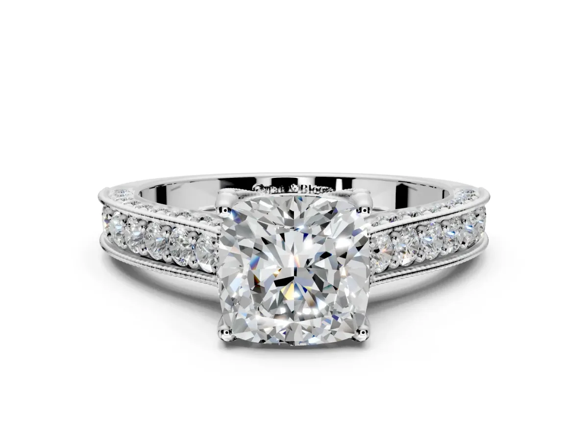Solitaire Engagement Ring Setting for Cushion Cut Center with Milgrain-Framed Pave Band and Prong Head in Sterling Silver