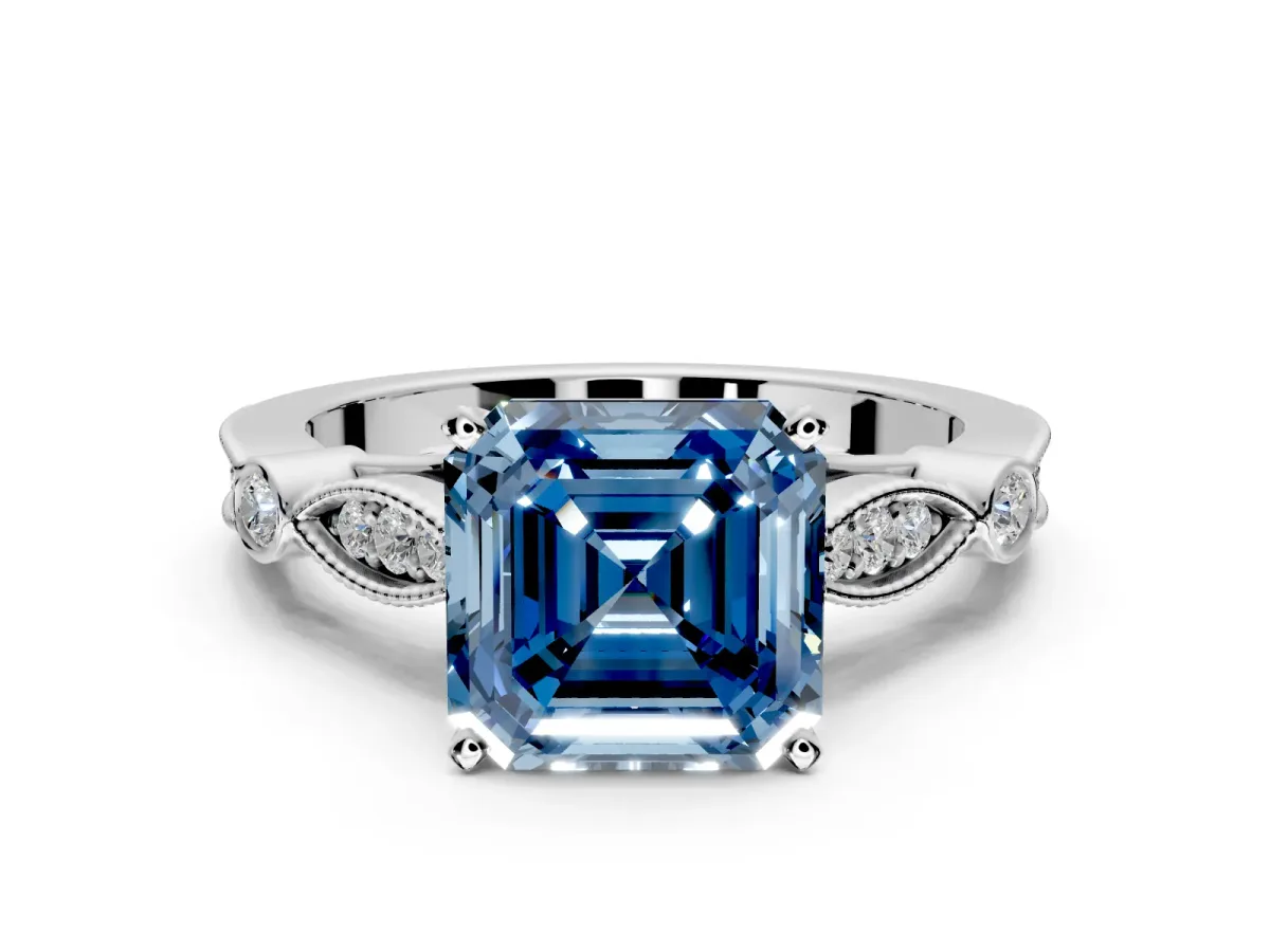 Solitaire Engagement Ring Setting for Fancy Blue Asscher Cut Center with Marquise and Bezel Accents and Prong Head in White Gold