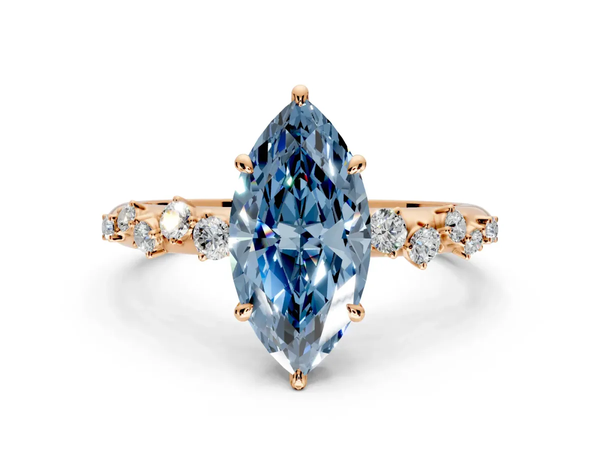 Cluster Engagement Ring Setting for Fancy Blue Marquise Center with Round Cut Accent Band and Prong Head in Rose Gold