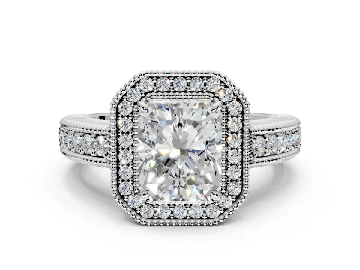 Milgrain Halo Engagement Ring Setting for Radiant Cut Center with Pave Band and Prong Head in Sterling Silver