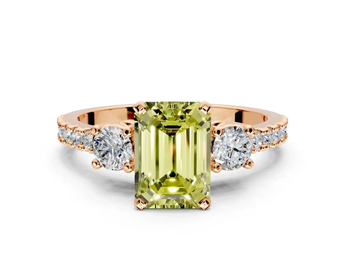 3 Stone Engagement Ring Setting for Fancy Yellow Emerald Cut Center with Round Cut Side Accents and Prong Head in Rose Gold