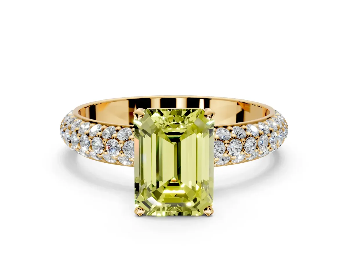 Solitaire Engagement Ring Setting for Fancy Yellow Emerald Cut Center with Domed Multi-Row Pave Band and Prong Head in Yellow Gold
