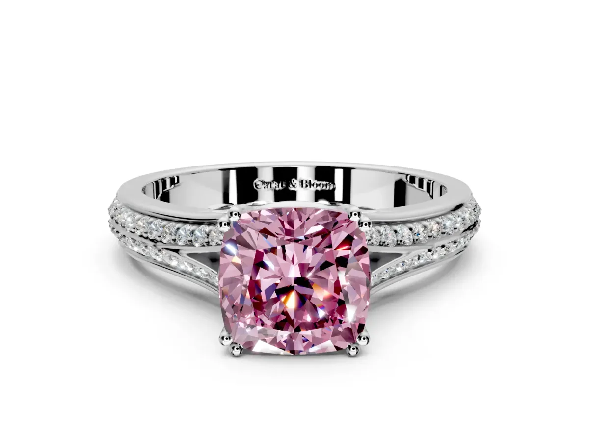 Solitaire Engagement Ring Setting for Fancy Pink Cushion Cut Center with Pave Rail Split Shank and Prong Head in Platinum