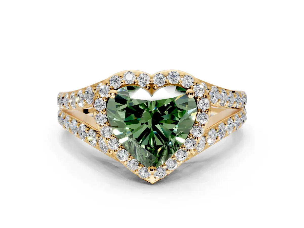 Halo Engagement Ring Setting for Fancy Green Heart-Shaped Center with Narrow Pave Split Shank and Prong Head in Yellow Gold