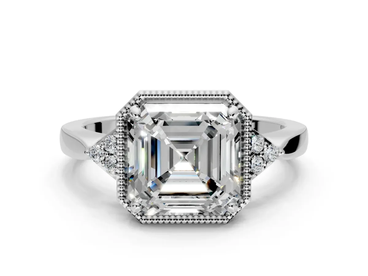 Cluster Engagement Ring Setting for Asscher Cut Center with Milgrain Shoulder Clusters and Prong Head in White Gold