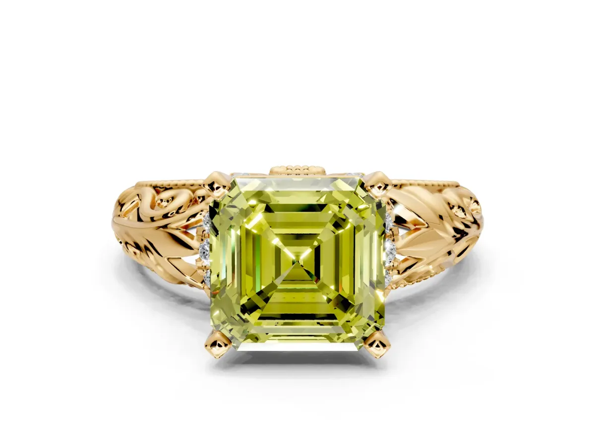 Solitaire Engagement Ring Setting for Fancy Yellow Asscher Cut Center with Filigree Accent Basket and Prong Head in Yellow Gold