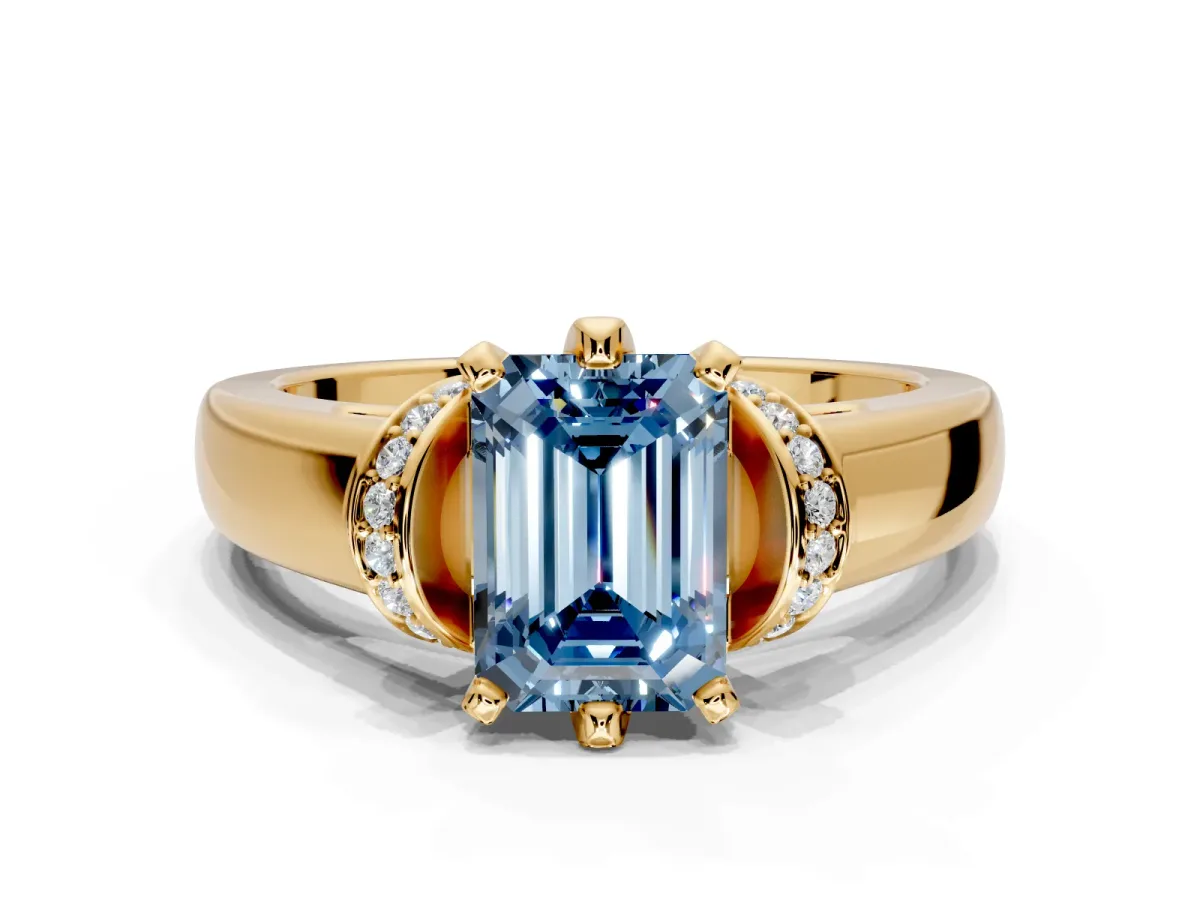 Solitaire Engagement Ring Setting for Fancy Blue Emerald Cut Center with Wide Band, Pave Collar and Prong Head in Yellow Gold