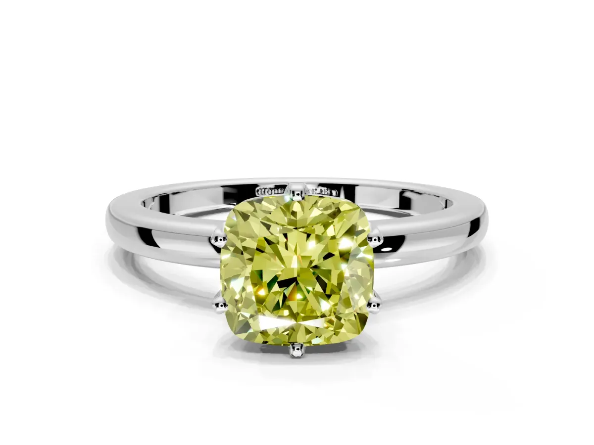 Solitaire Engagement Ring Setting for Fancy Yellow Cushion Cut Center with Plain Band and Tulip Prong Head in Platinum