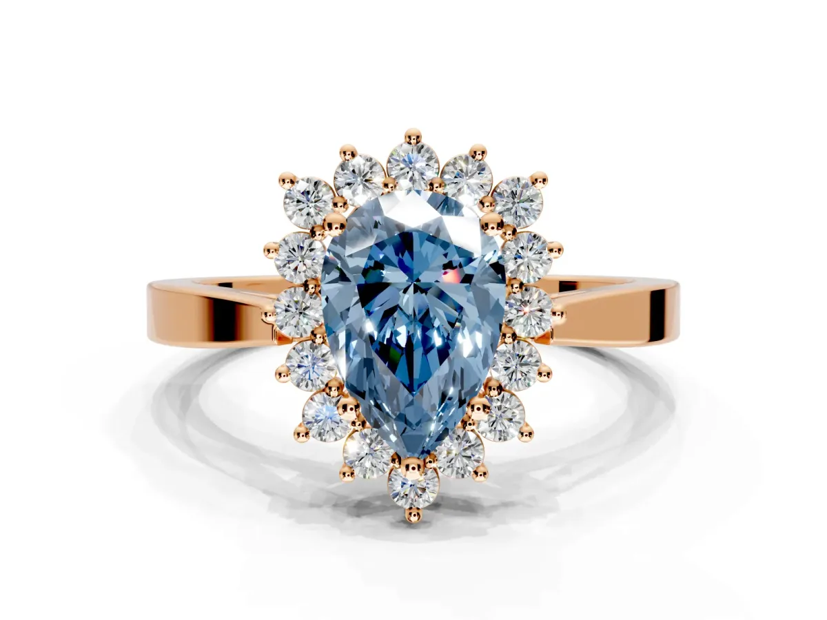 Starburst Halo Engagement Ring Setting for Fancy Blue Pear-Shaped Center with Flat Cathedral Band and Prong Head in Rose Gold