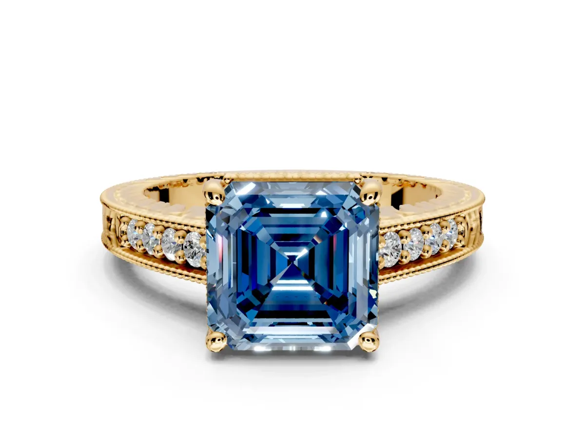 Engraved Engagement Ring Setting for Fancy Blue Asscher Cut Center with Milgrain Pave Band and Prong Head in Yellow Gold