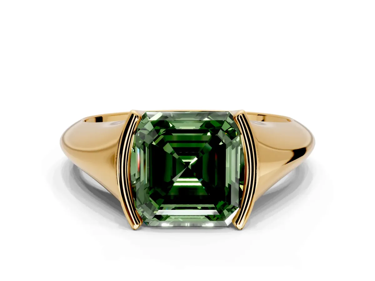 Tension Engagement Ring Setting for Fancy Green Asscher Cut Center with Wide Tapered Band and Tension Head in Yellow Gold