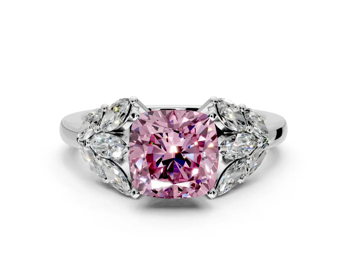 Leaf Cluster Engagement Ring Setting for Fancy Pink Cushion Cut Center with Marquise Accents and Prong Head in Sterling Silver